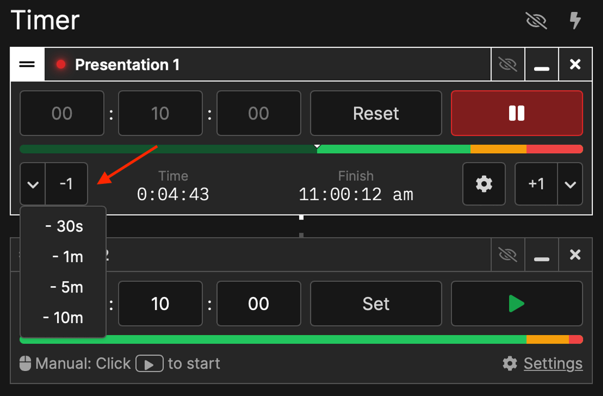 Add or subtract minutes and seconds from a running timer