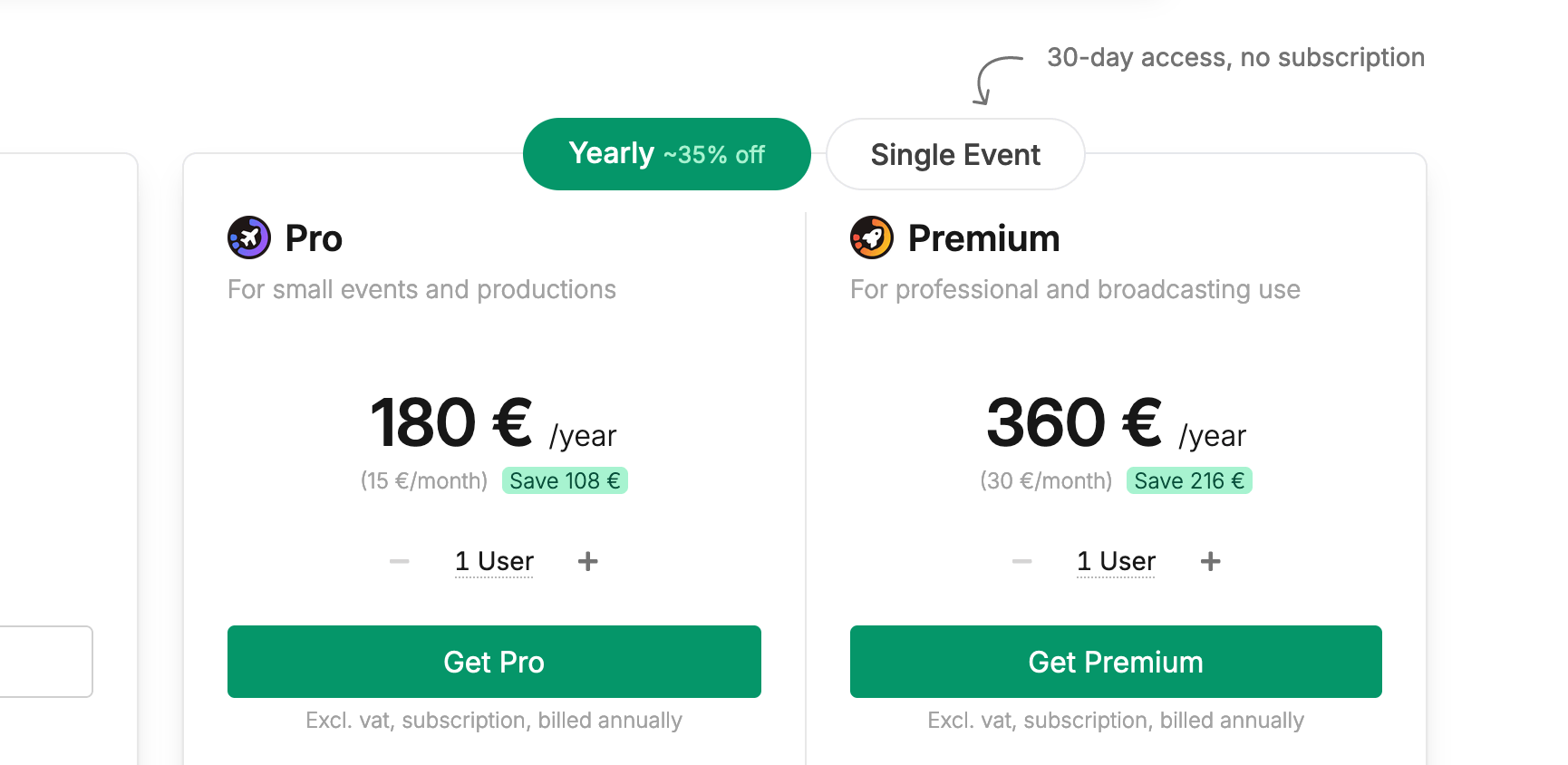 New simplified pricing table