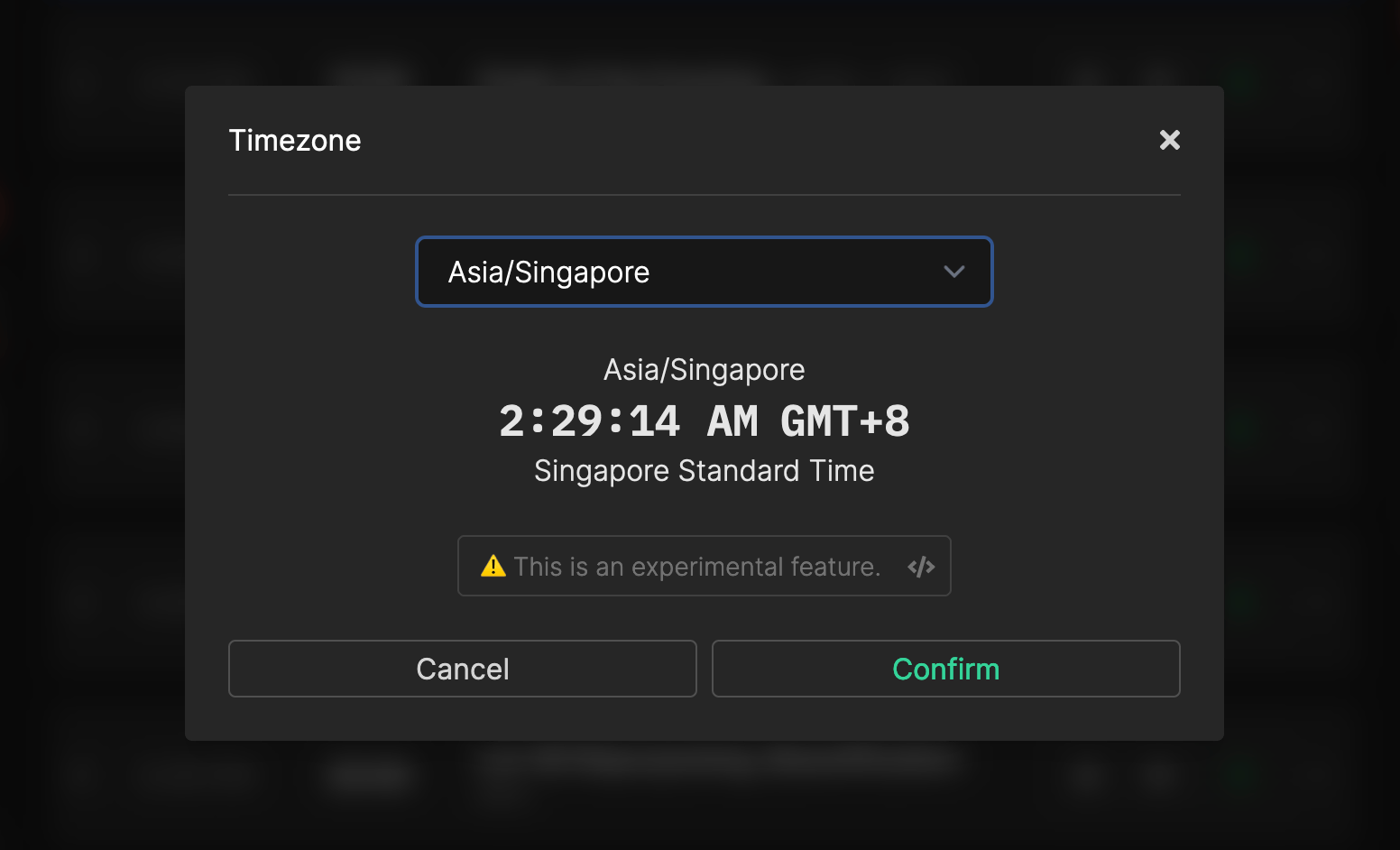 Screenshot of timezone chooser modal