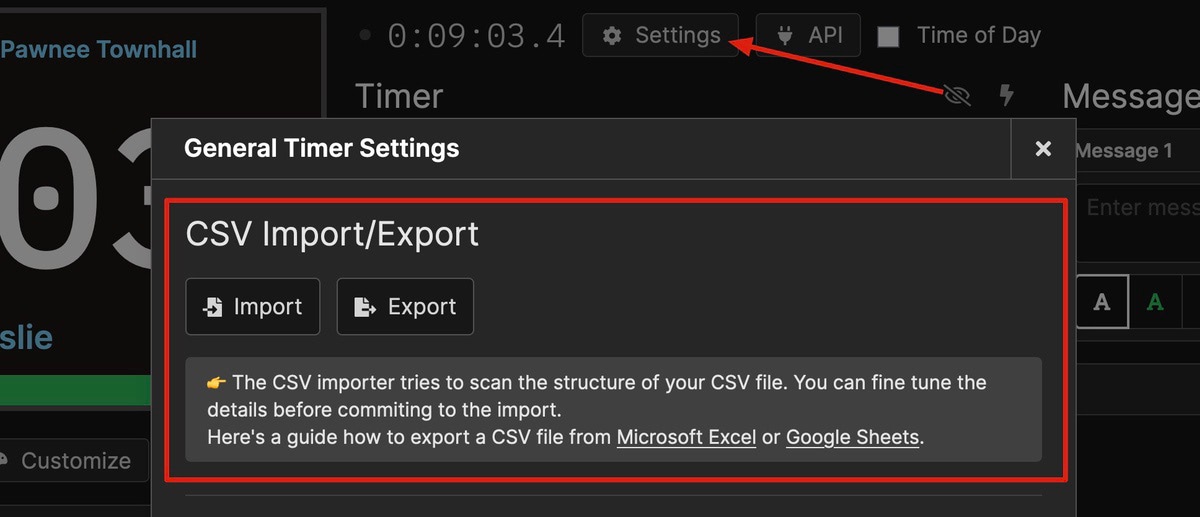 Import and export are found in the general timer settings popup