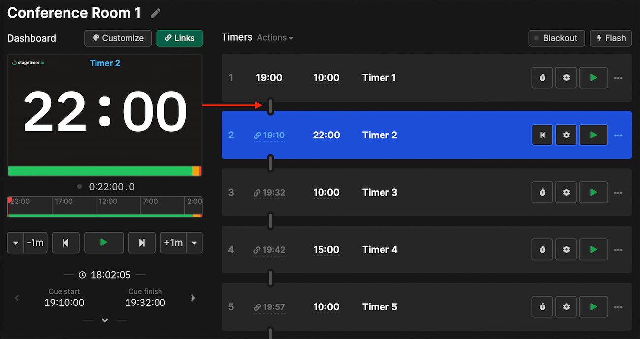 Linked timers on the Stagetimer's controller page