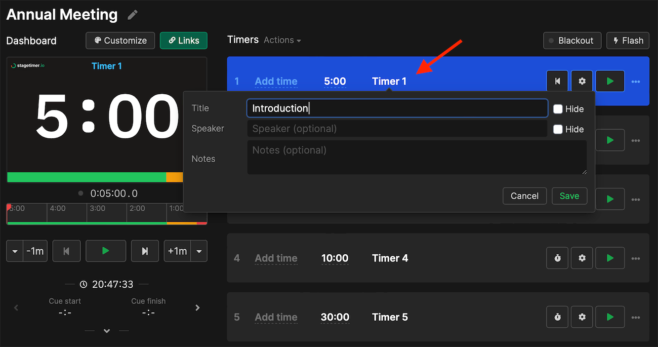 Add titles and speaker names to each timer