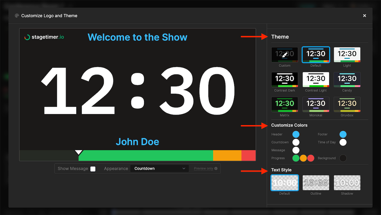 Customization options available in Stagetimer
