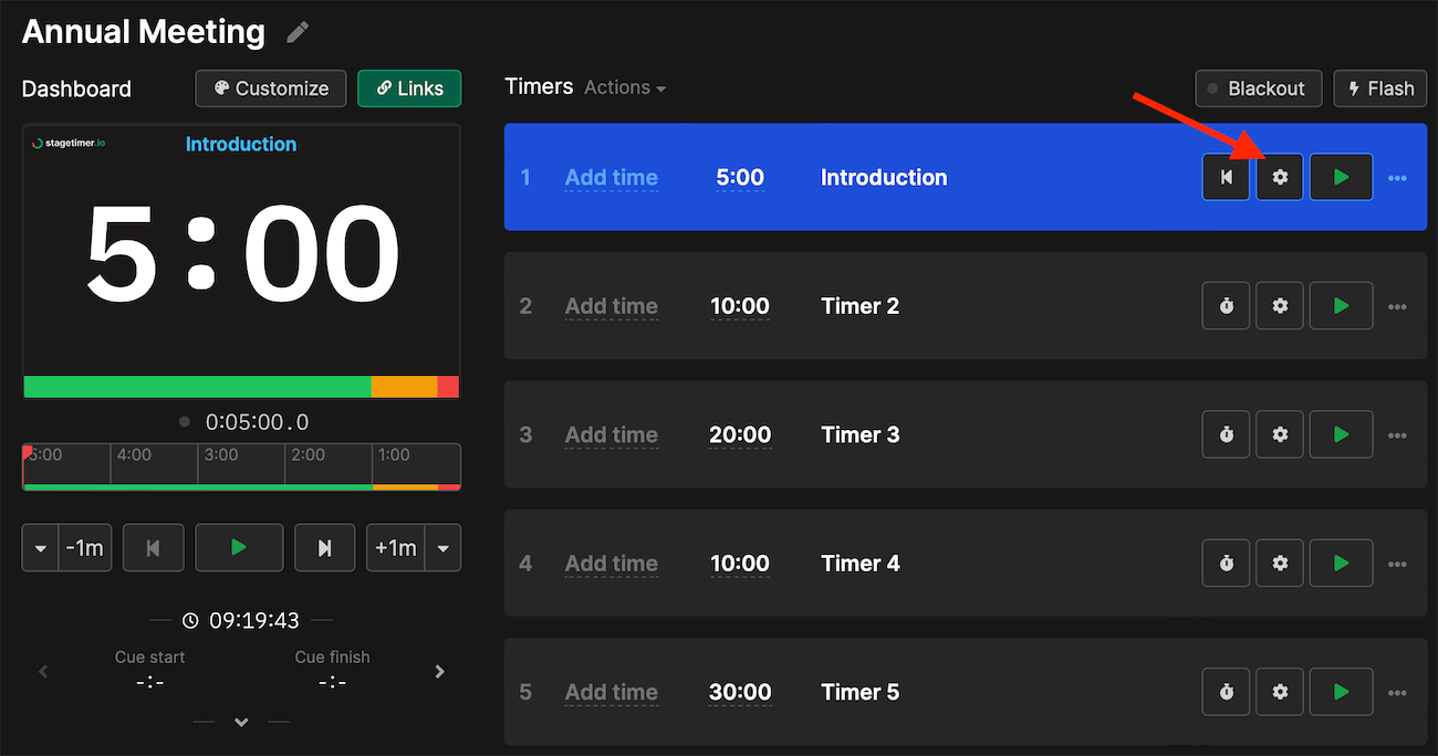 Gear icon on the controller page for set up options