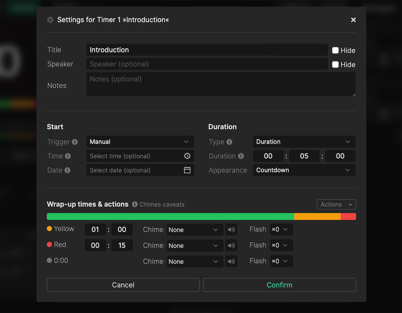 Timer setup popup window on the controller page