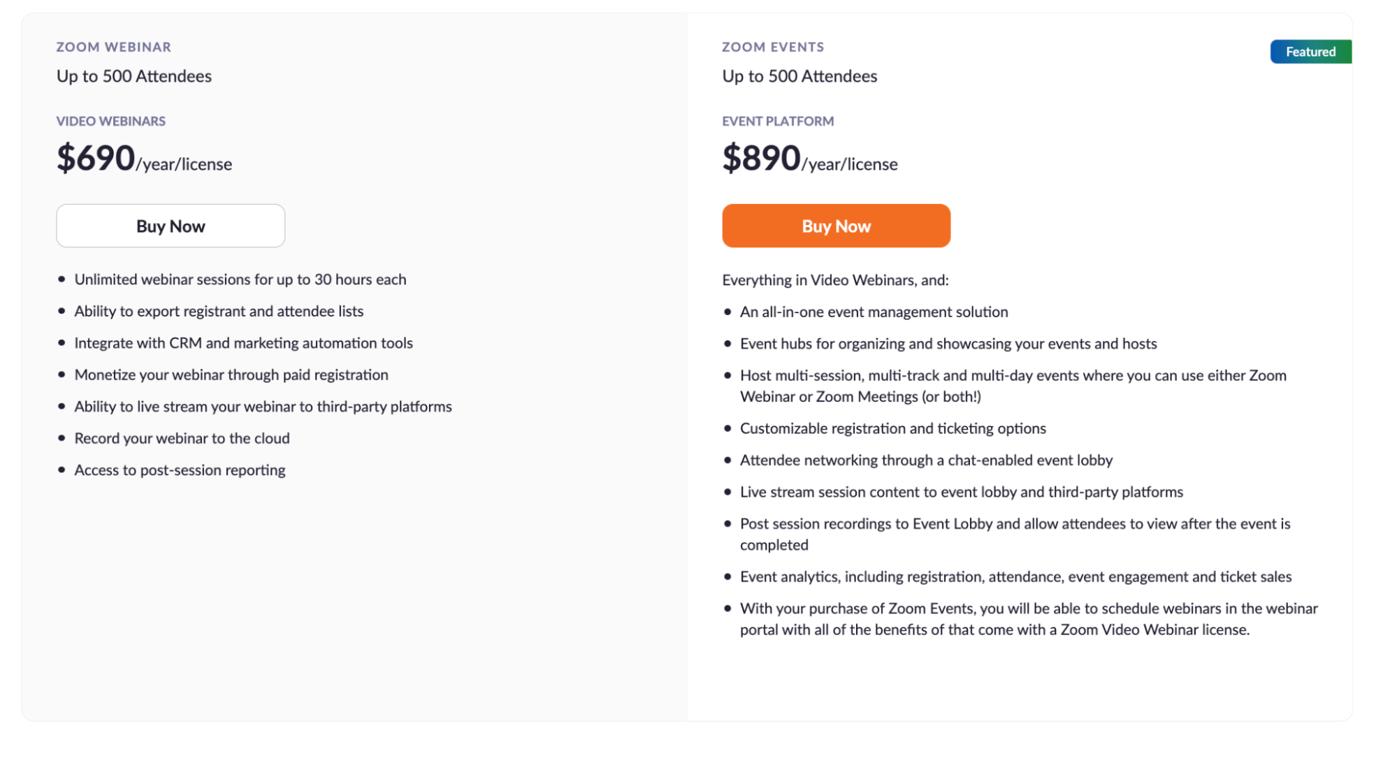Different price models for Zoom Webinar and Zoom Events.