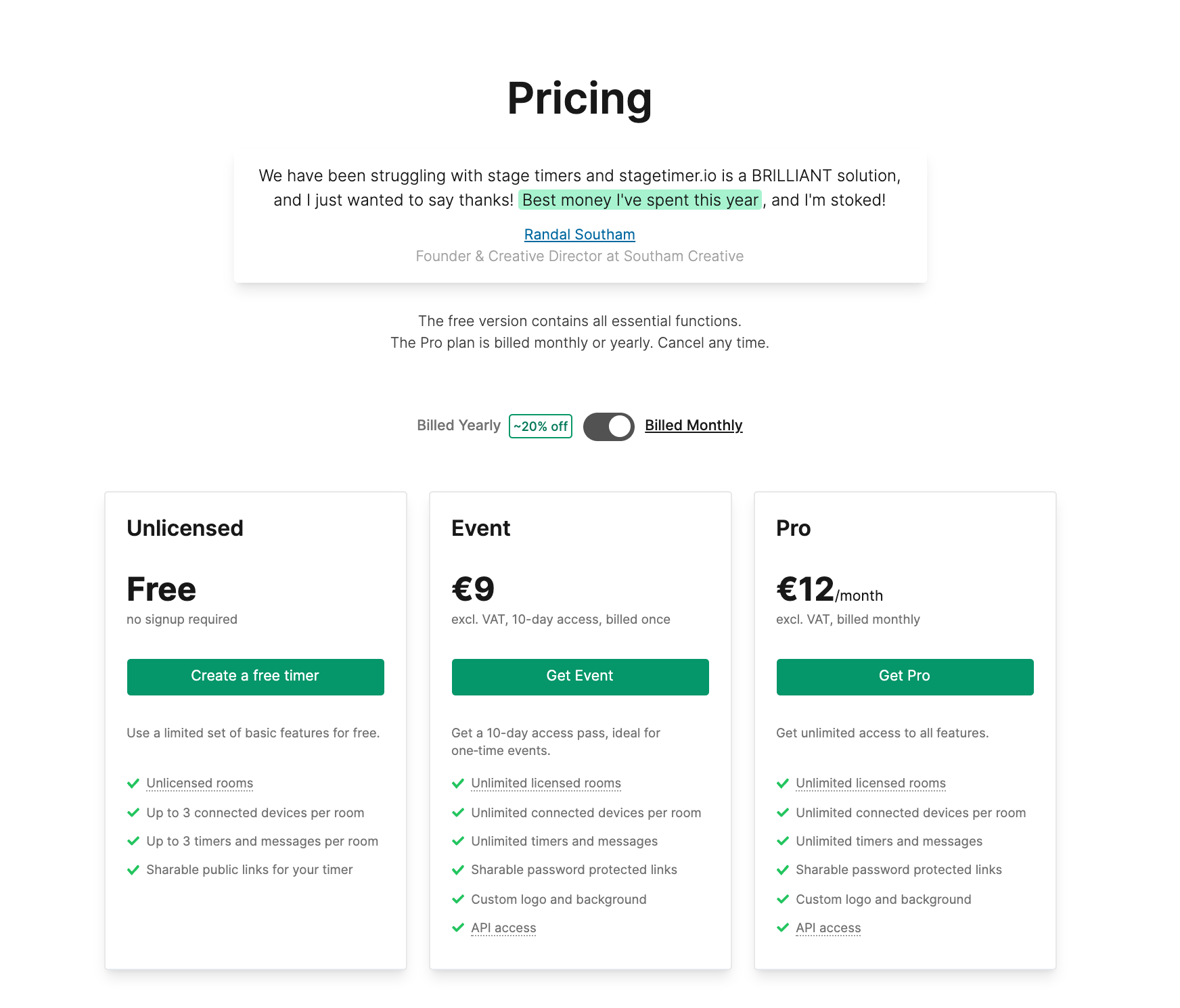 Stagetimer pricing and features.