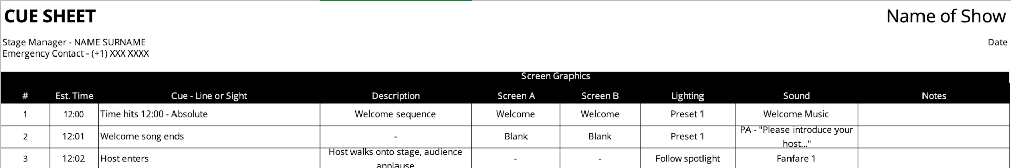 Example of a cue sheet