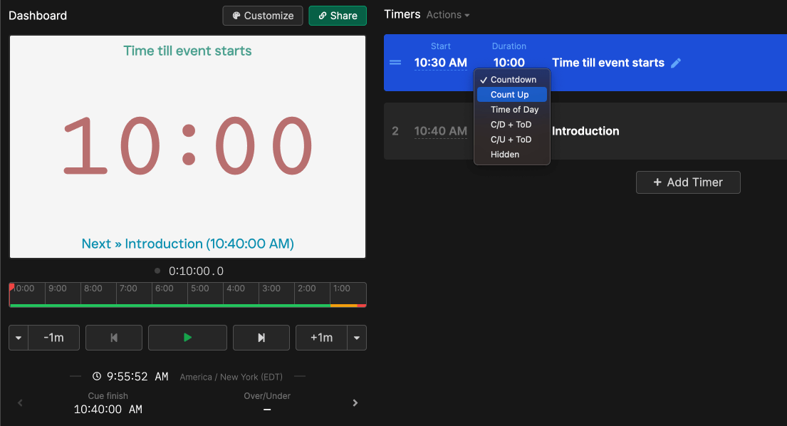 Stagetimer interface showing timer options and controls