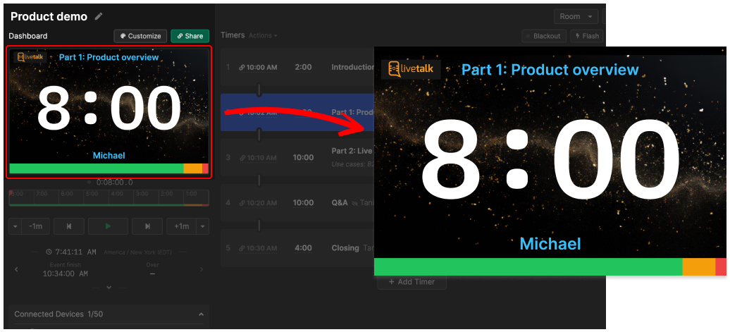 Stagetimer presenter view showing fullscreen timer