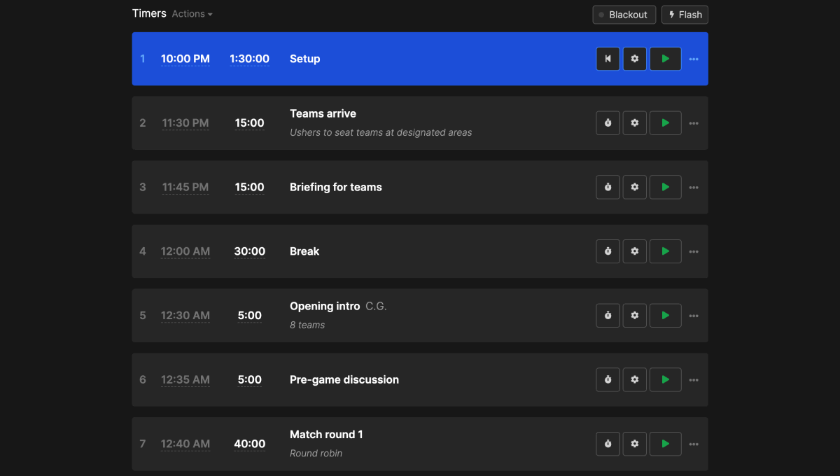 Stagetimer rundown interface showing event schedule