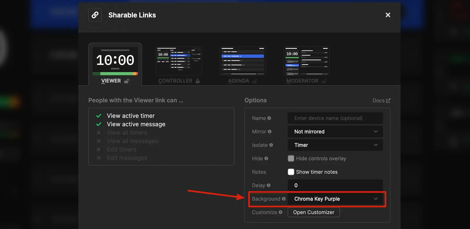 Stagetimer share popup with chroma key options