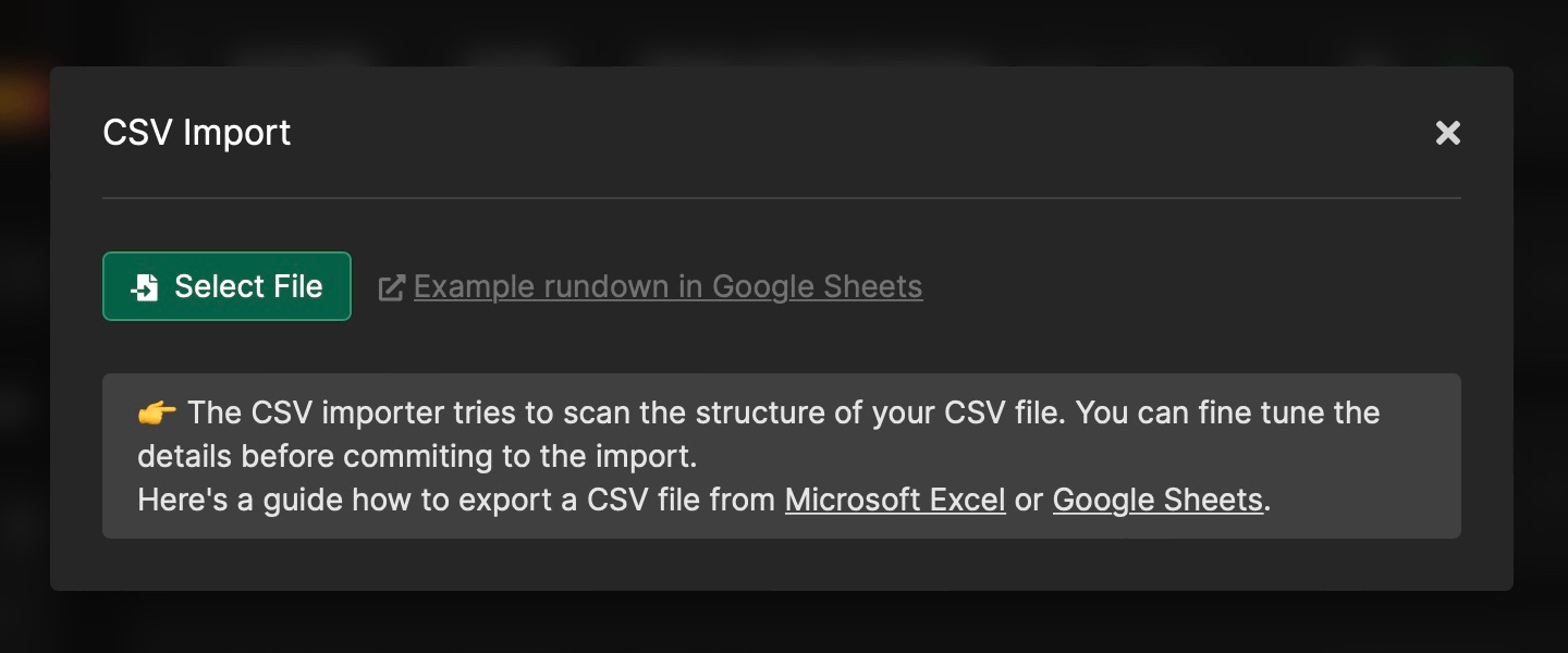 CSV import popup