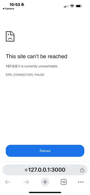 iPhone showing "This site can't be reached" error with 127.0.0.1 address