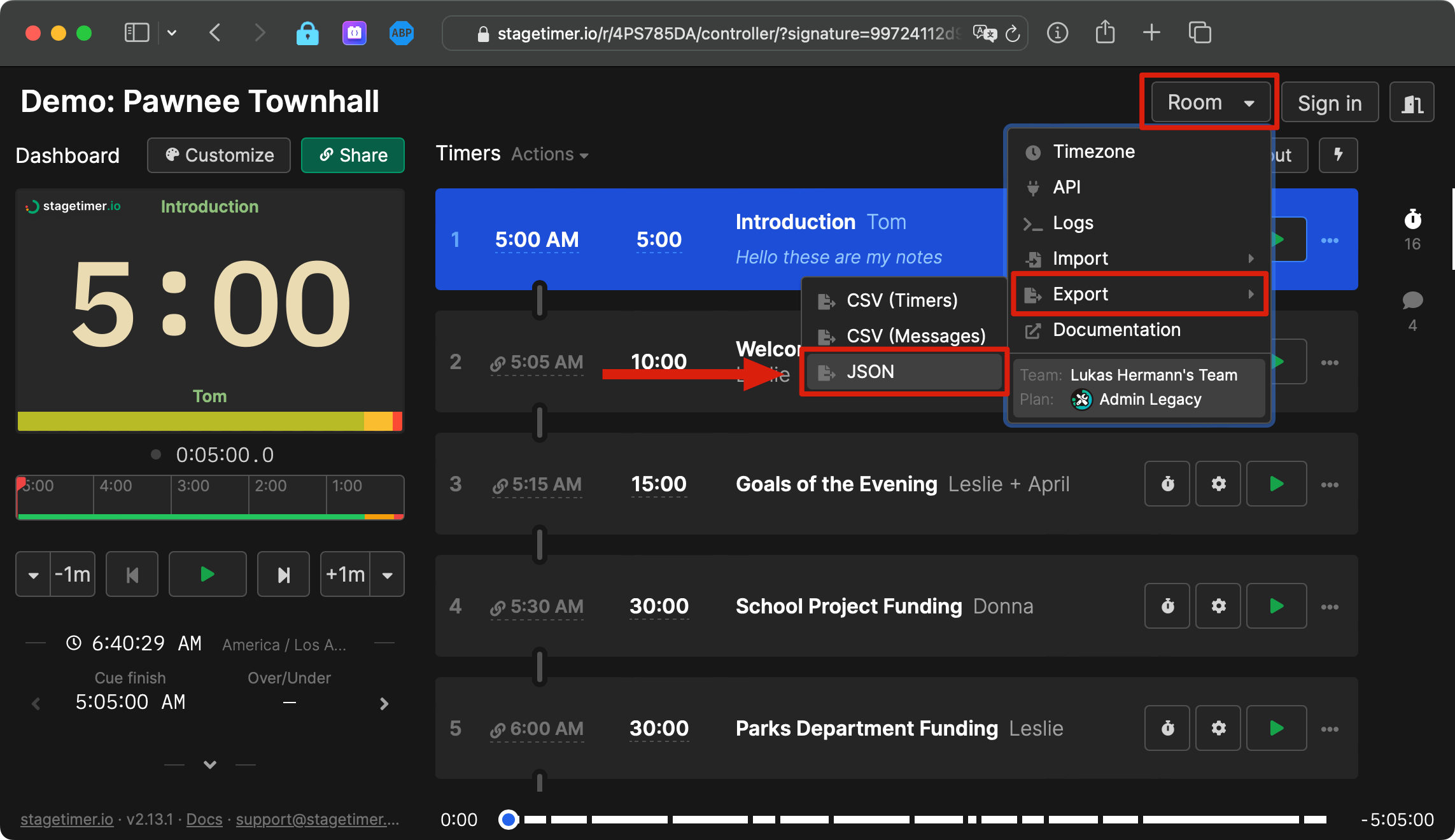 Stagetimer JSON export option