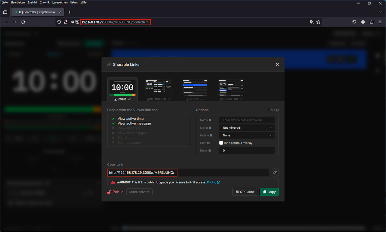 Stagetimer controller UI to share a link