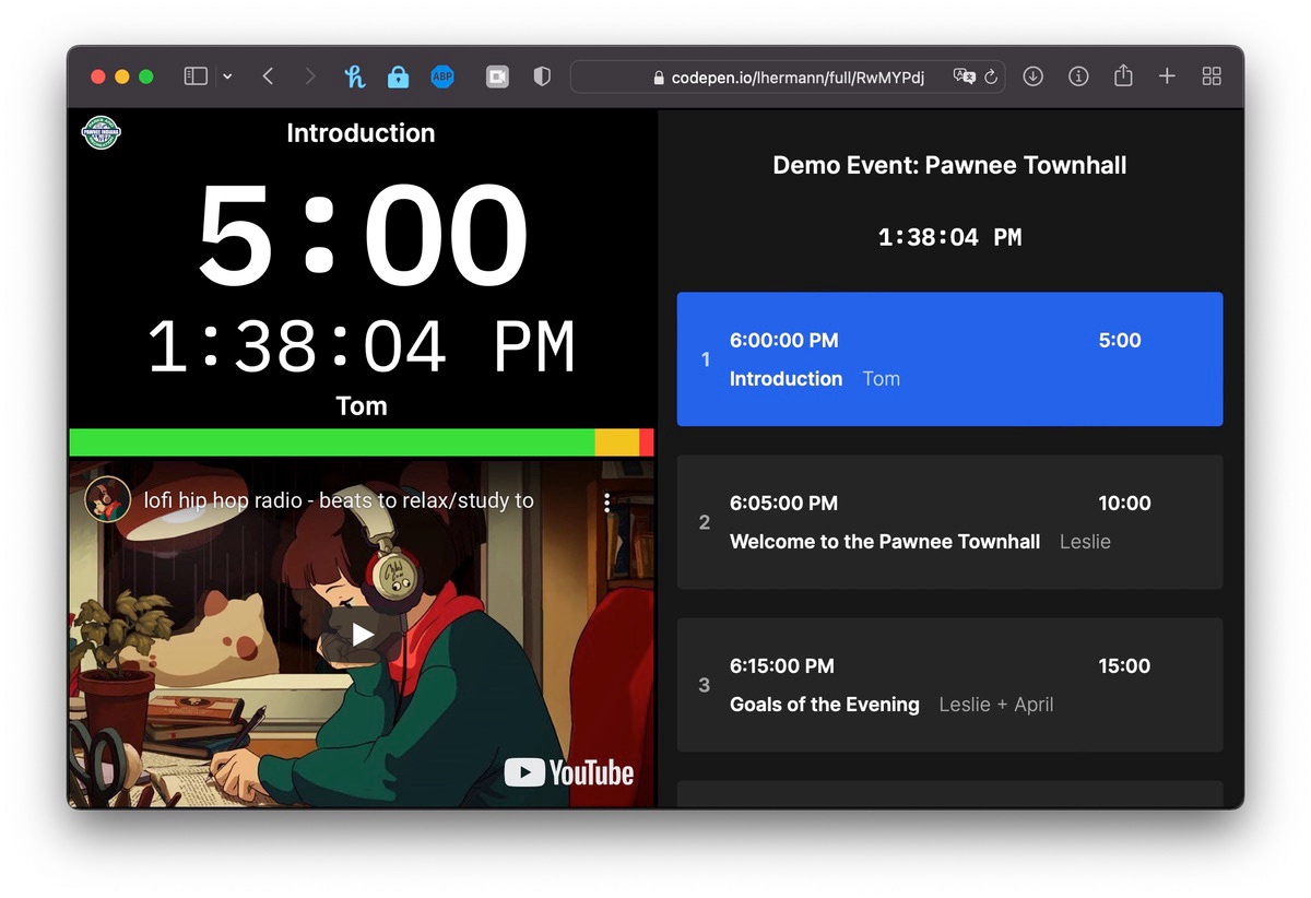 Dashboard with timer, agenda, and YouTube livestream