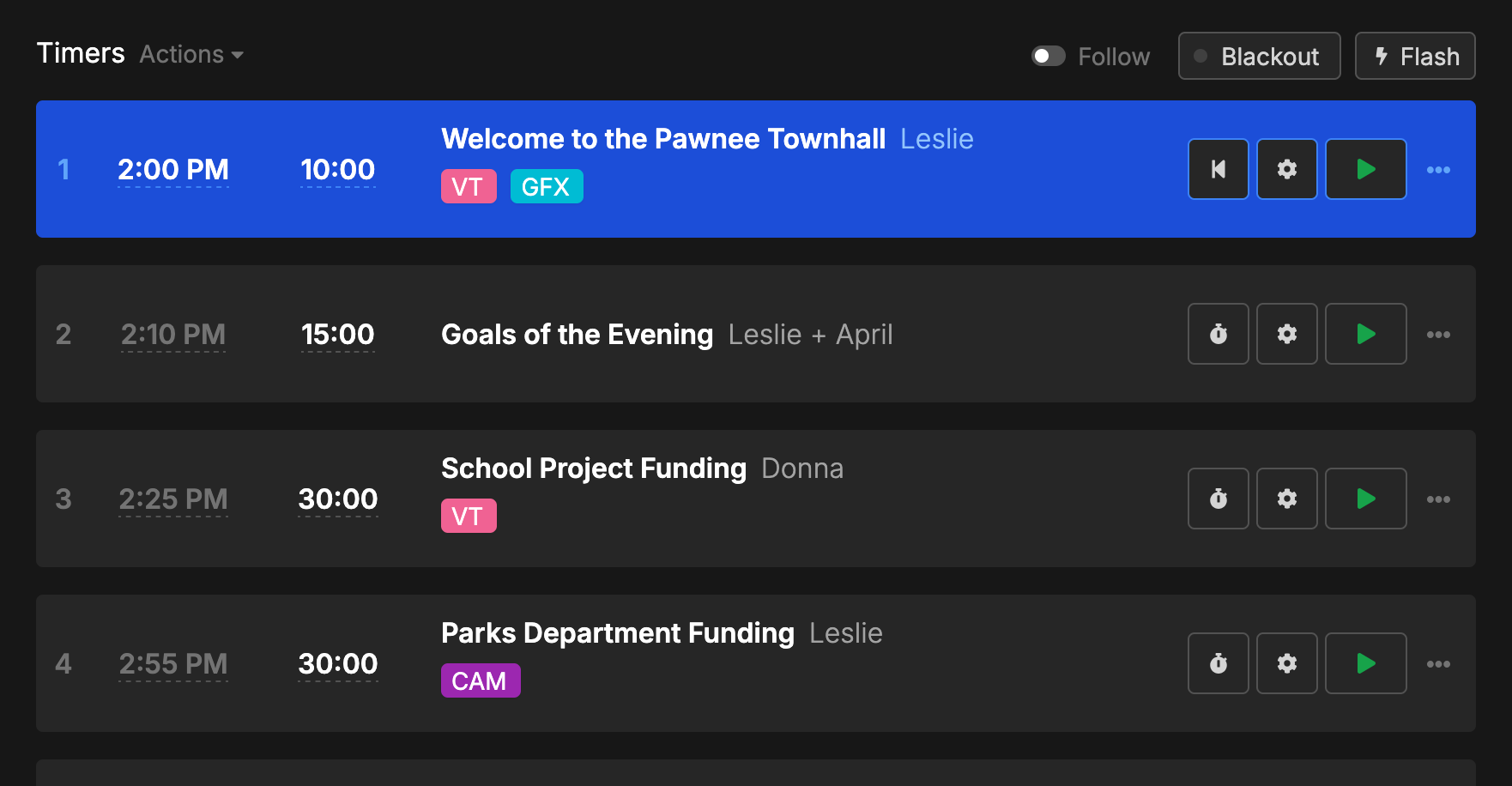 Timer management interface showing Pawnee Townhall agenda with multiple speakers, time slots, and production labels