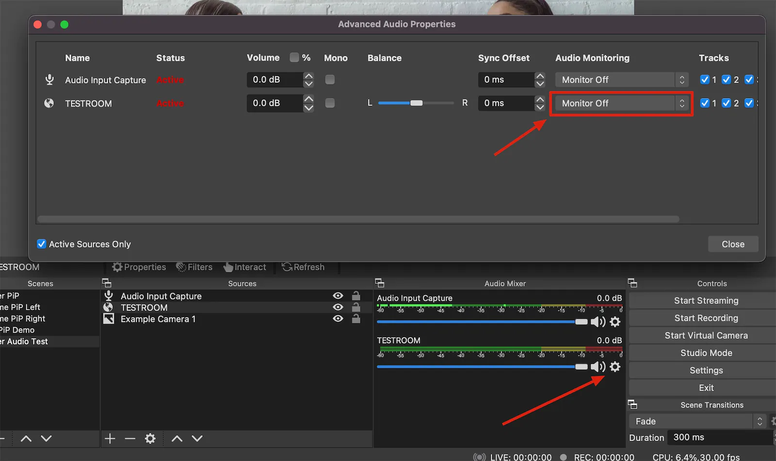 Correct audio monitoring settings