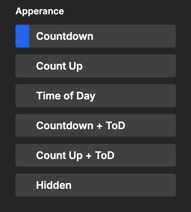 Appearance options for timer display
