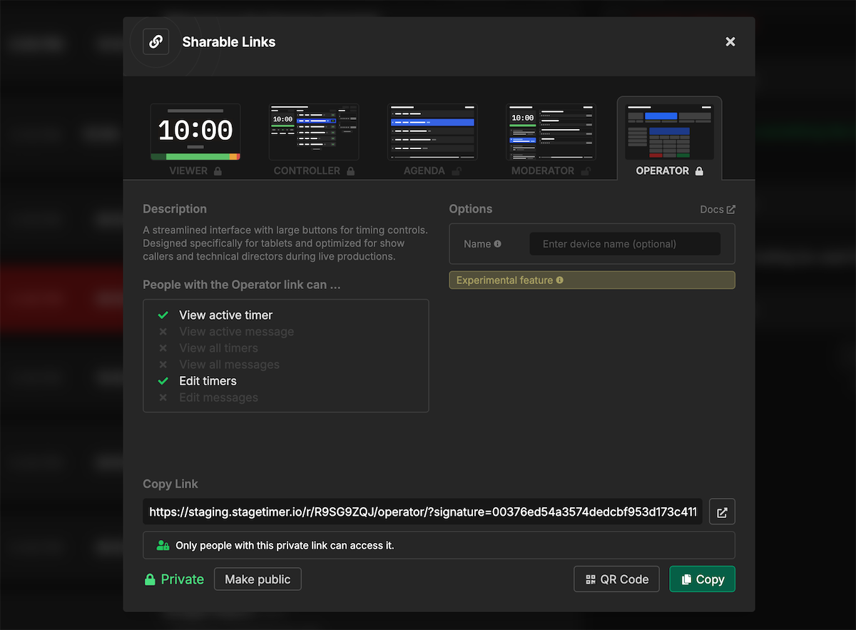 Accessing the operator link from Share menu