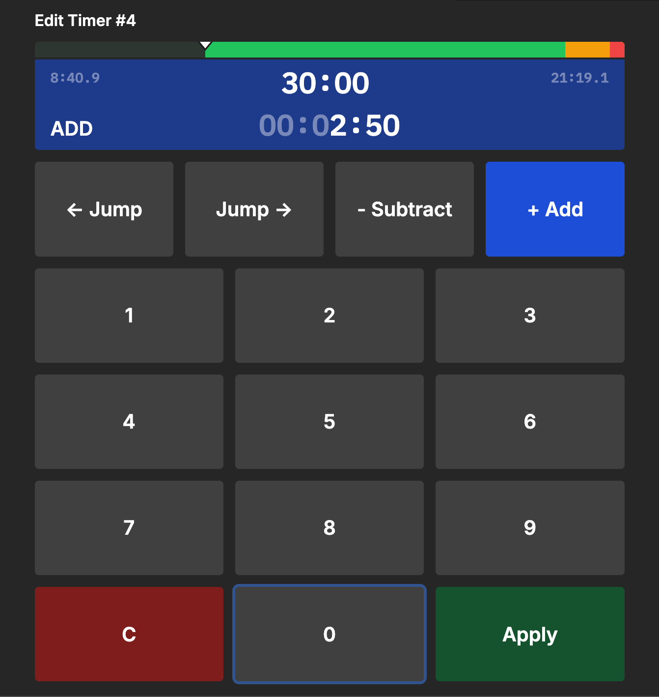 Numpad controls for timer manipulation
