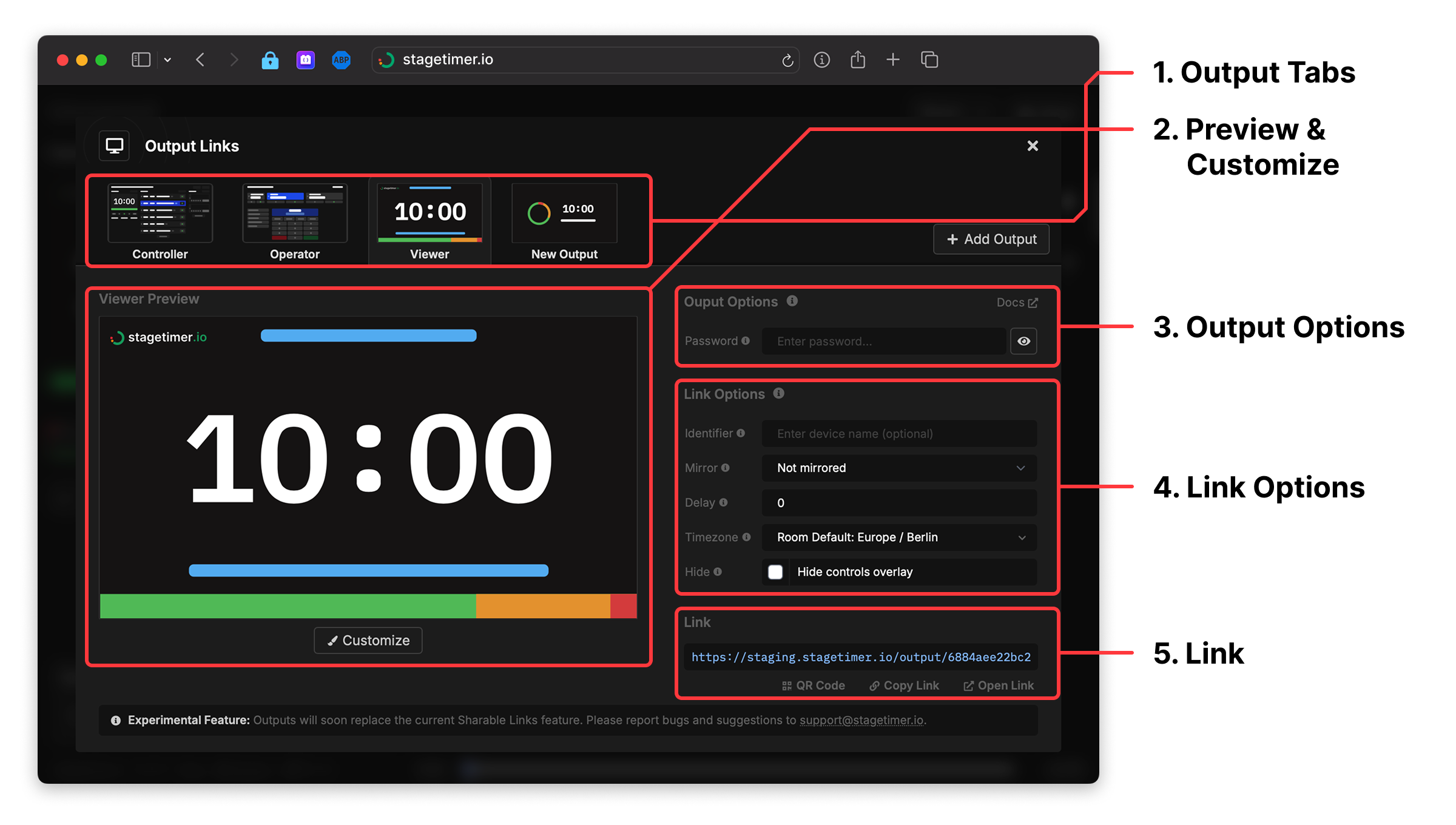 Output Links interface showing different sections
