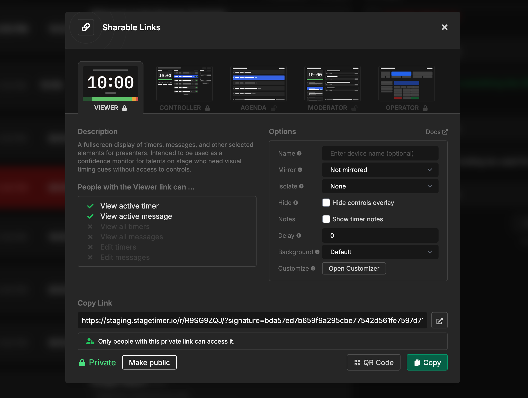 Shareable Links dialog showing different output options