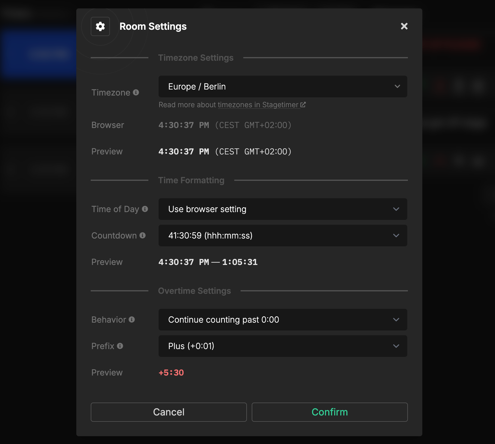 Room Settings dialog showing timezone, time formatting, and overtime options