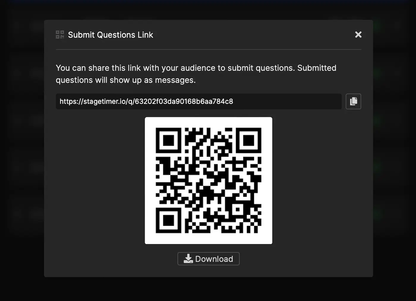 Screenshot showing the audience questions submission link and QR code