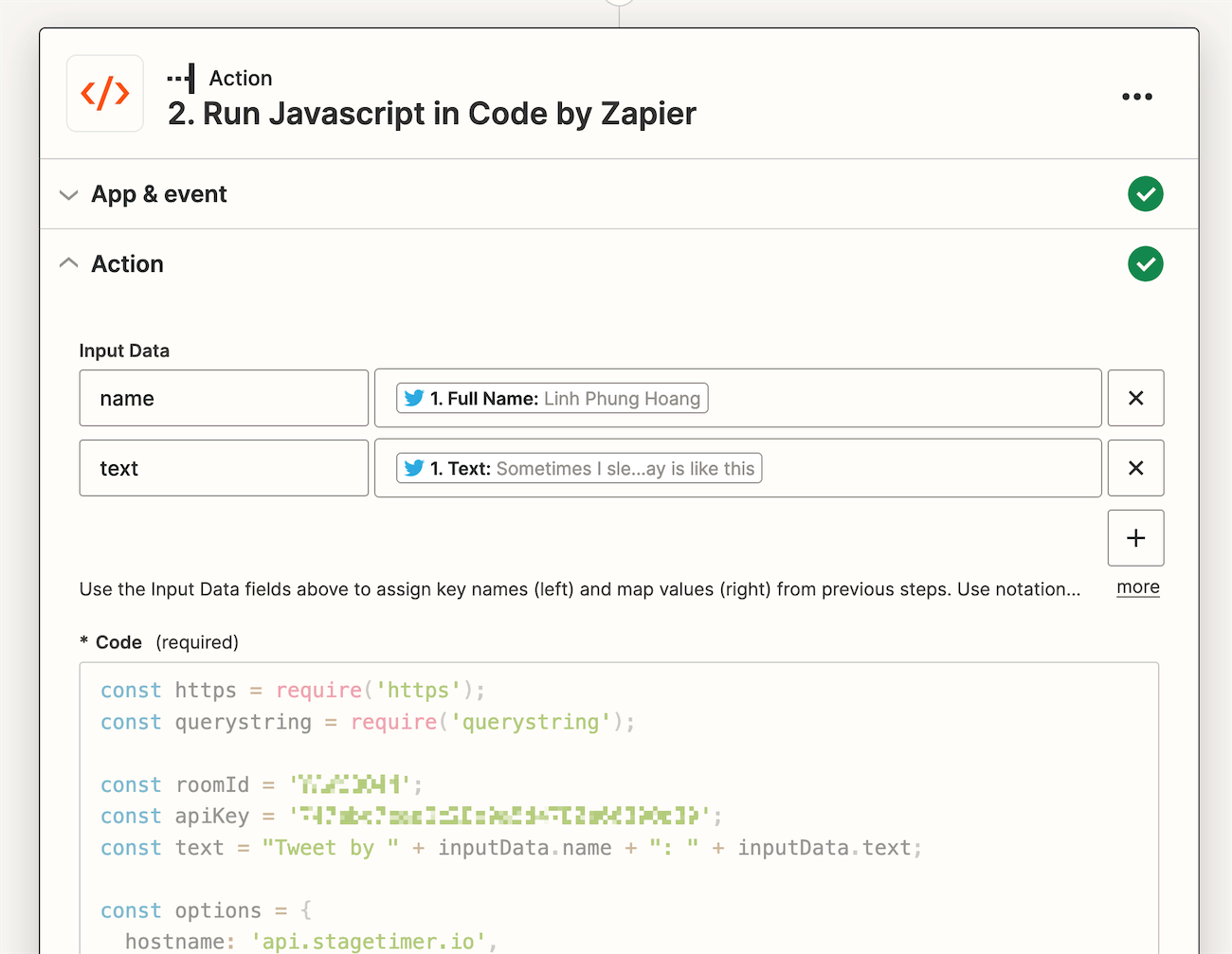 Zapier's code box filled with the Javascript code