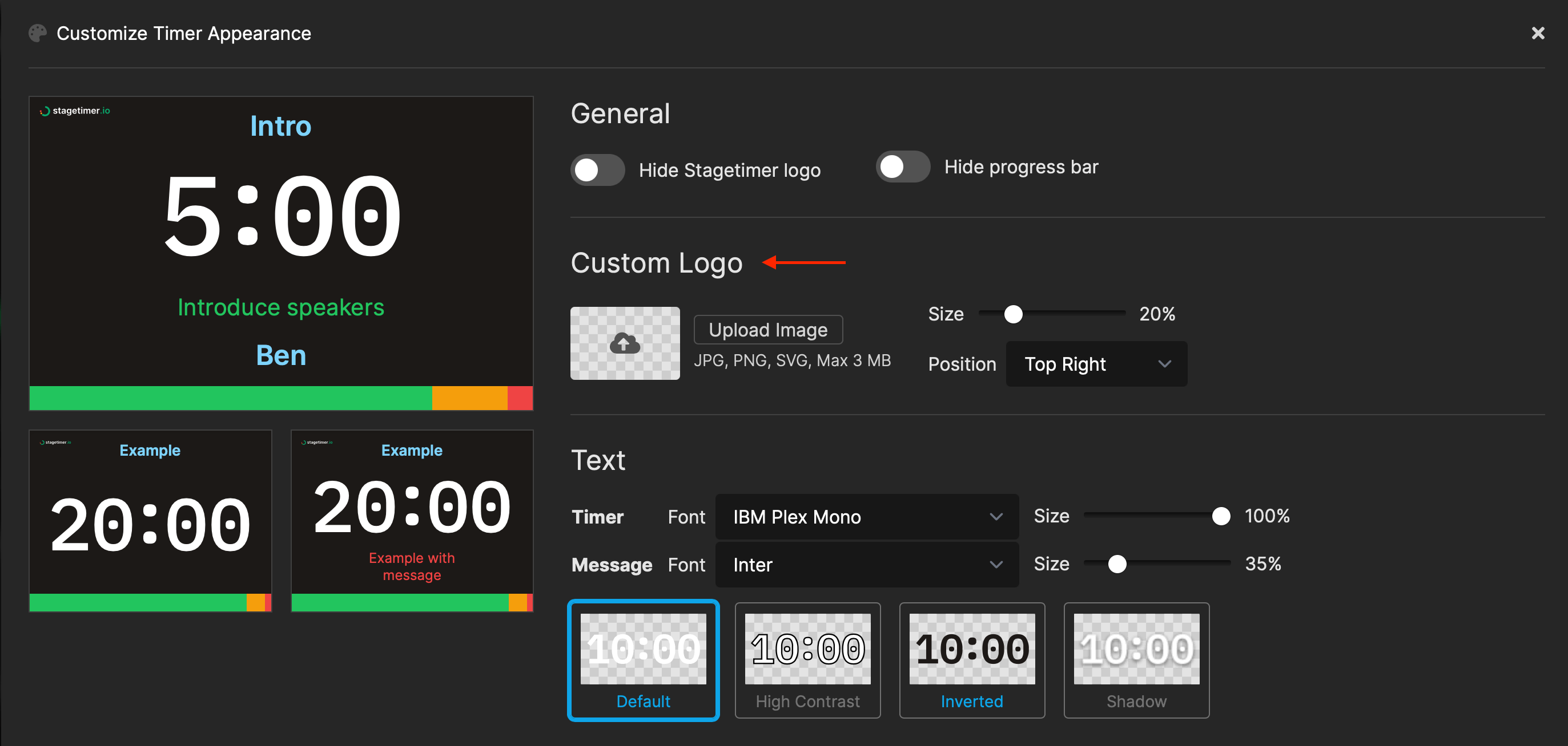 The customize timer appearance popup allows you to custom the logo on the timer viewer