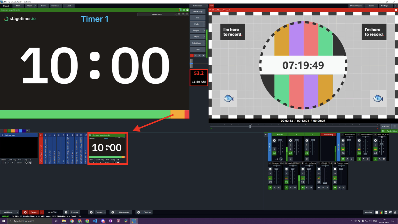 vMix interface showing Stagetimer countdown display integrated as a browser source