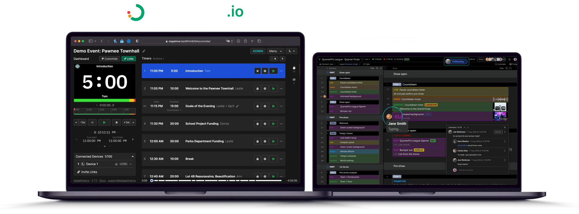 Two laptops showing Stagetimer and Cuez