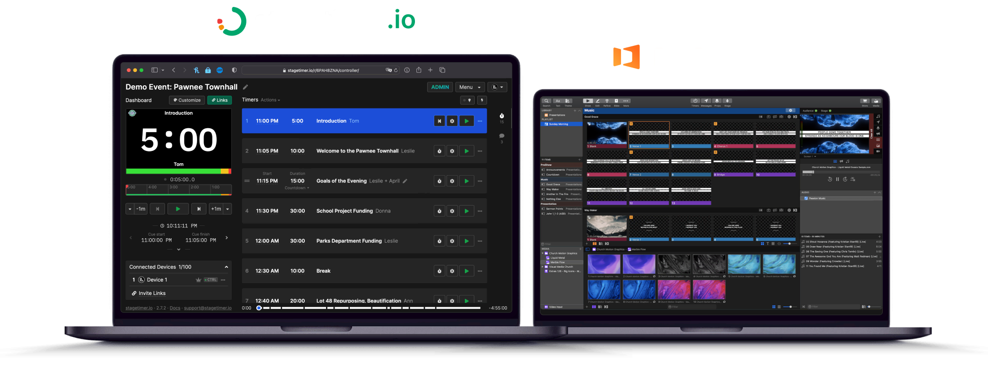 Two laptops showing Stagetimer and ProPresenter