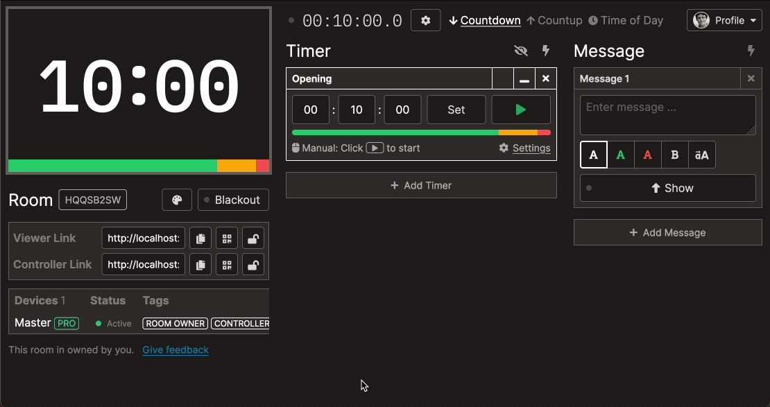 Control page of Stagetimer