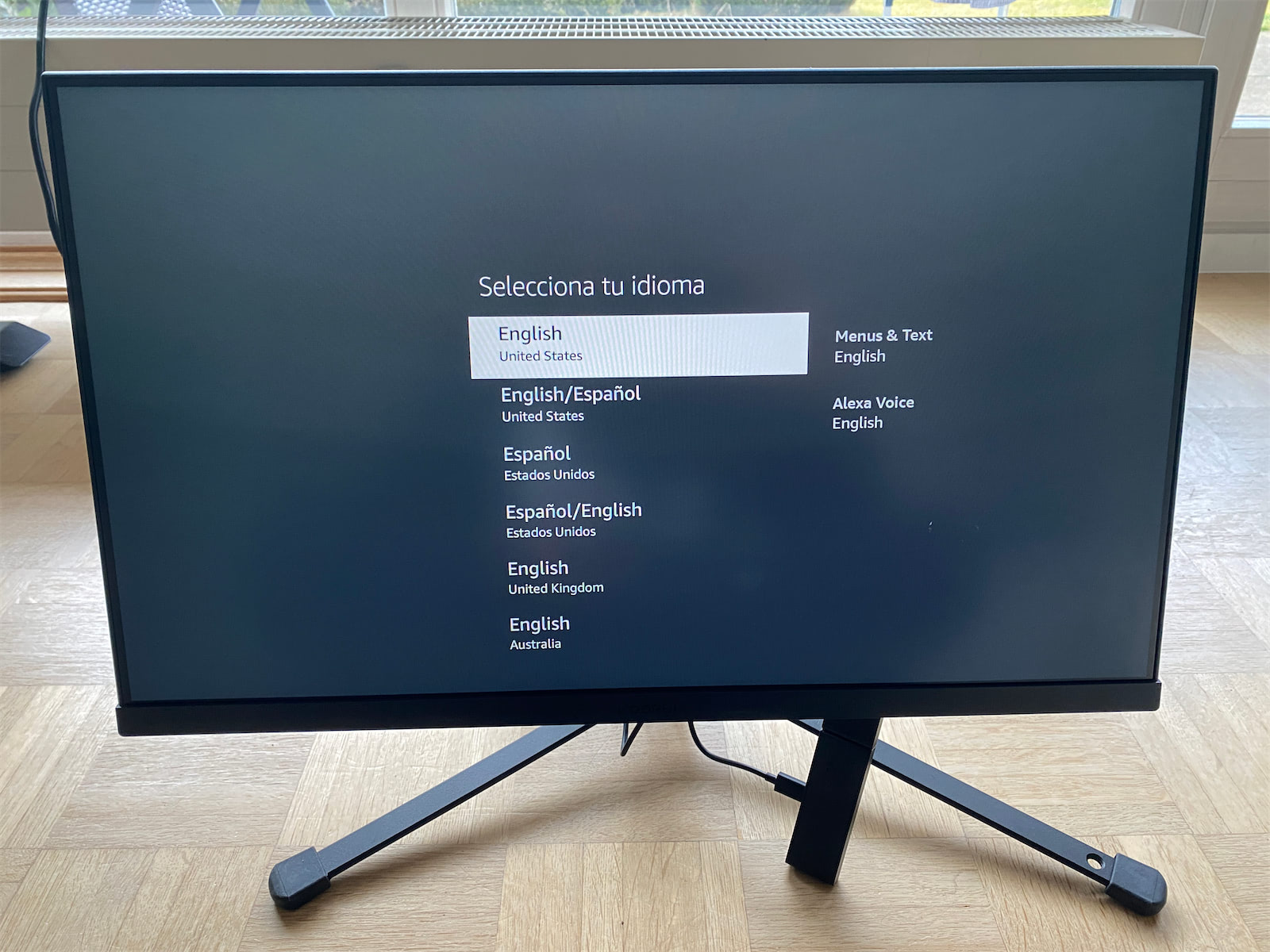 Fire TV setup screen showing language selection
