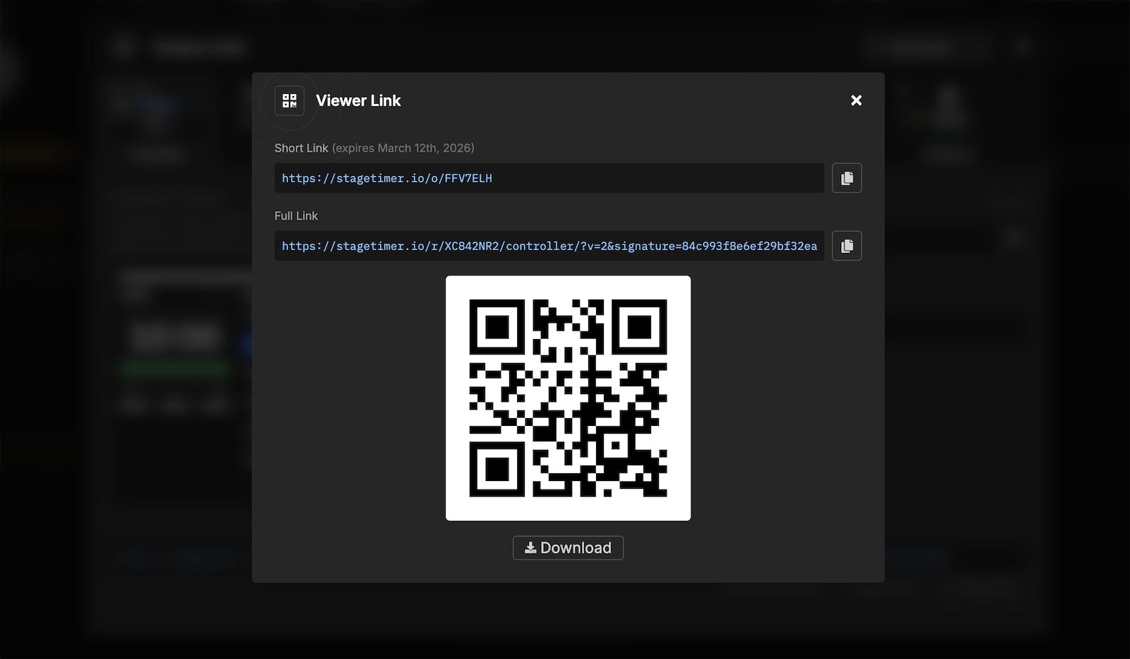 Stagetimer Short Link and QR code modal