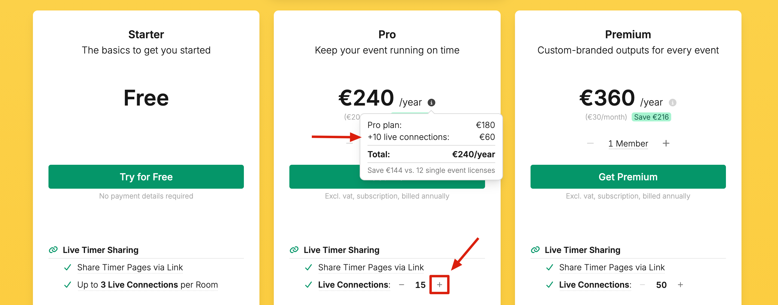 Pricing page showing connection limit options