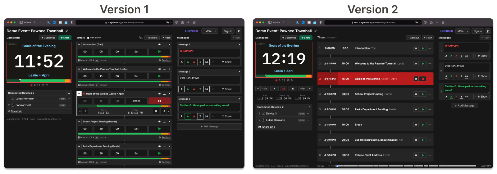 Comparing stagetimer version 1 and version 2