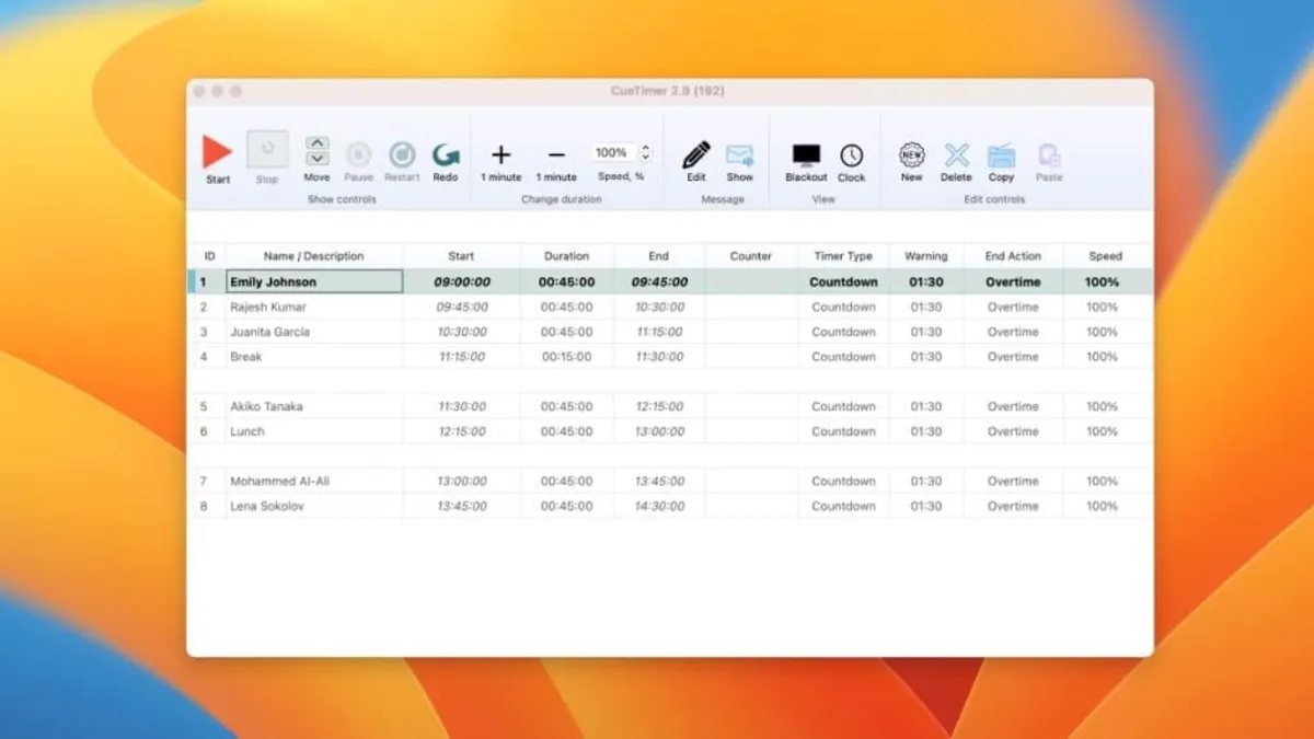 CueTimer desktop application showing cue list editor with timers, durations, and controls