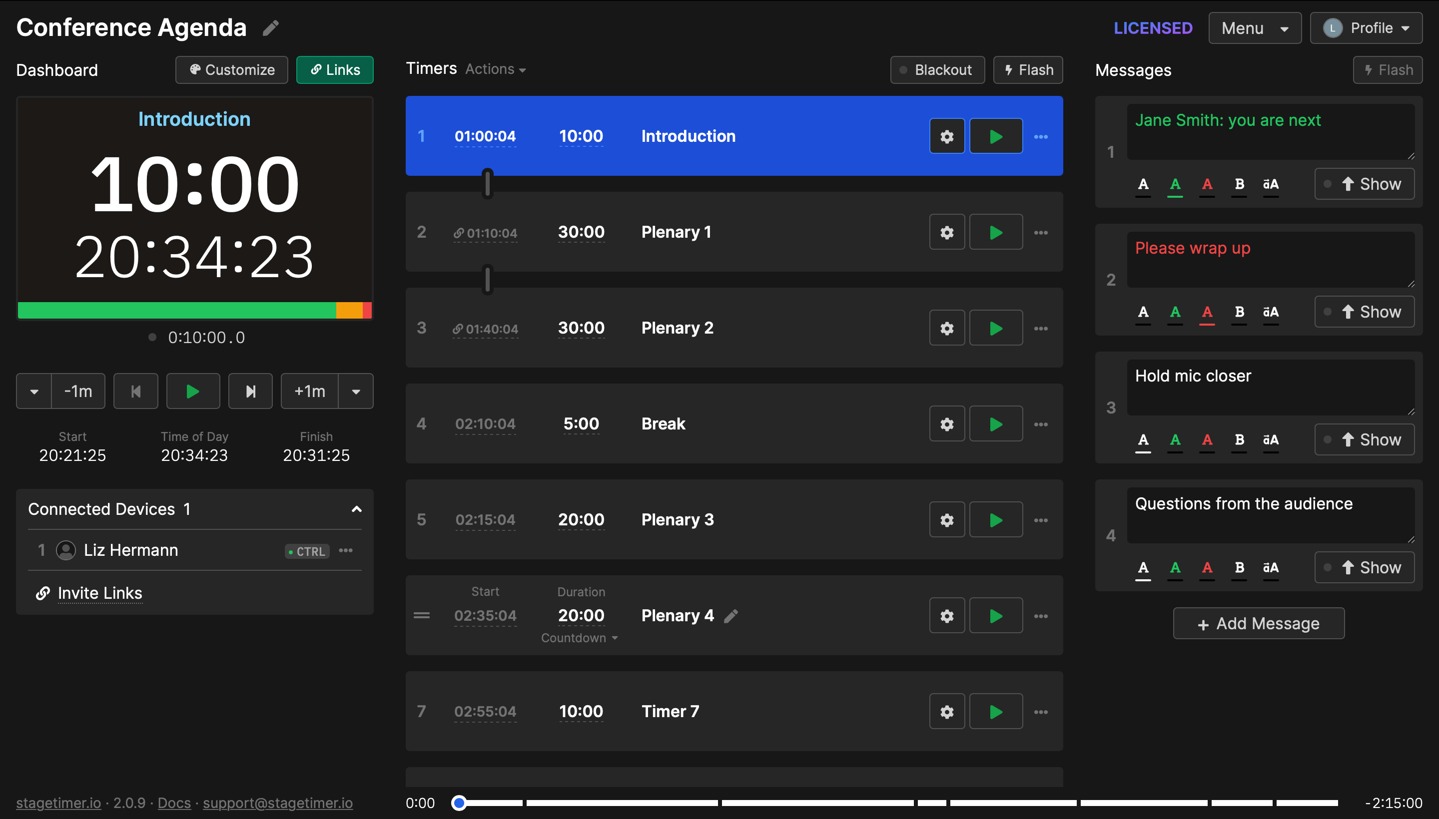 Example run of show (Stagetimer)