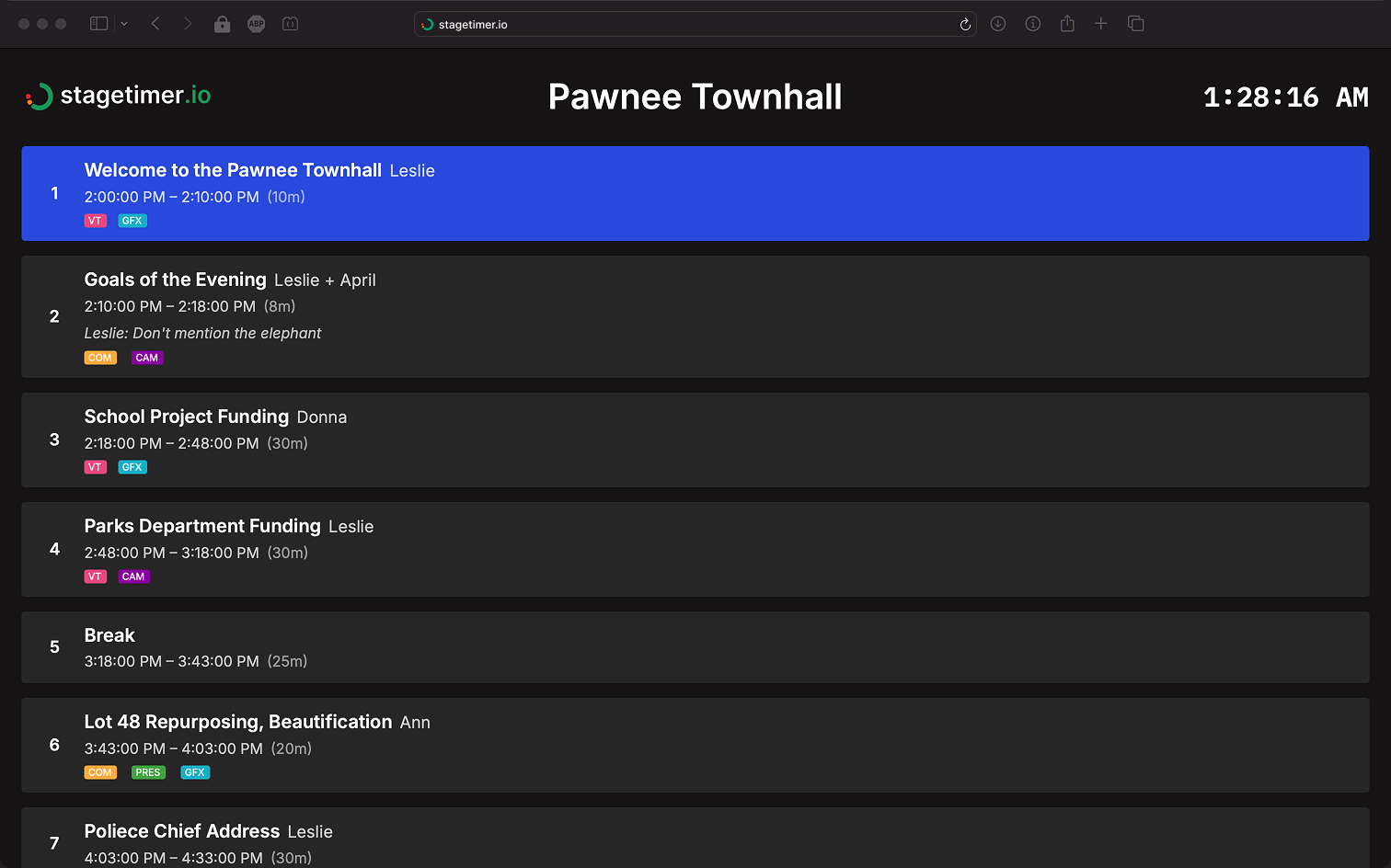 Stagetimer Agenda Output