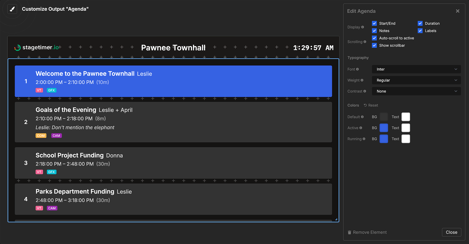 Output customizer for the Agenda