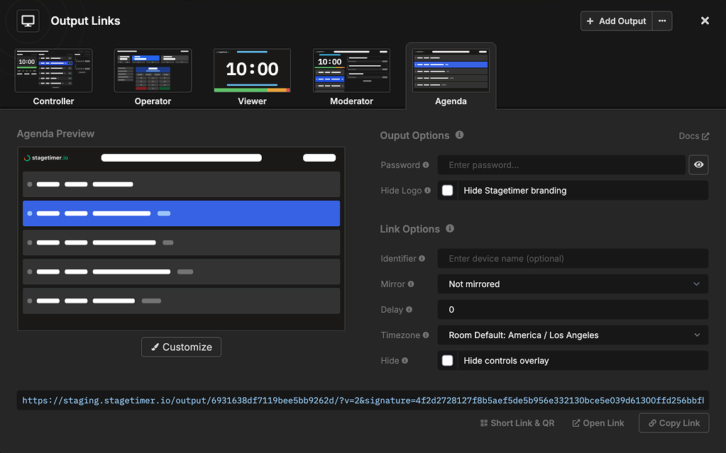 Output Links popup showing Agenda output options