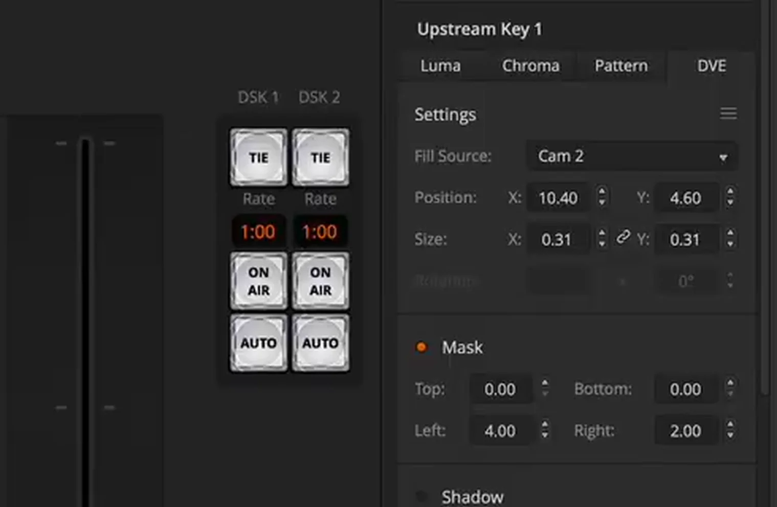 ATEM Software Control DVE tab with Mask enabled and Left and Right crop values set