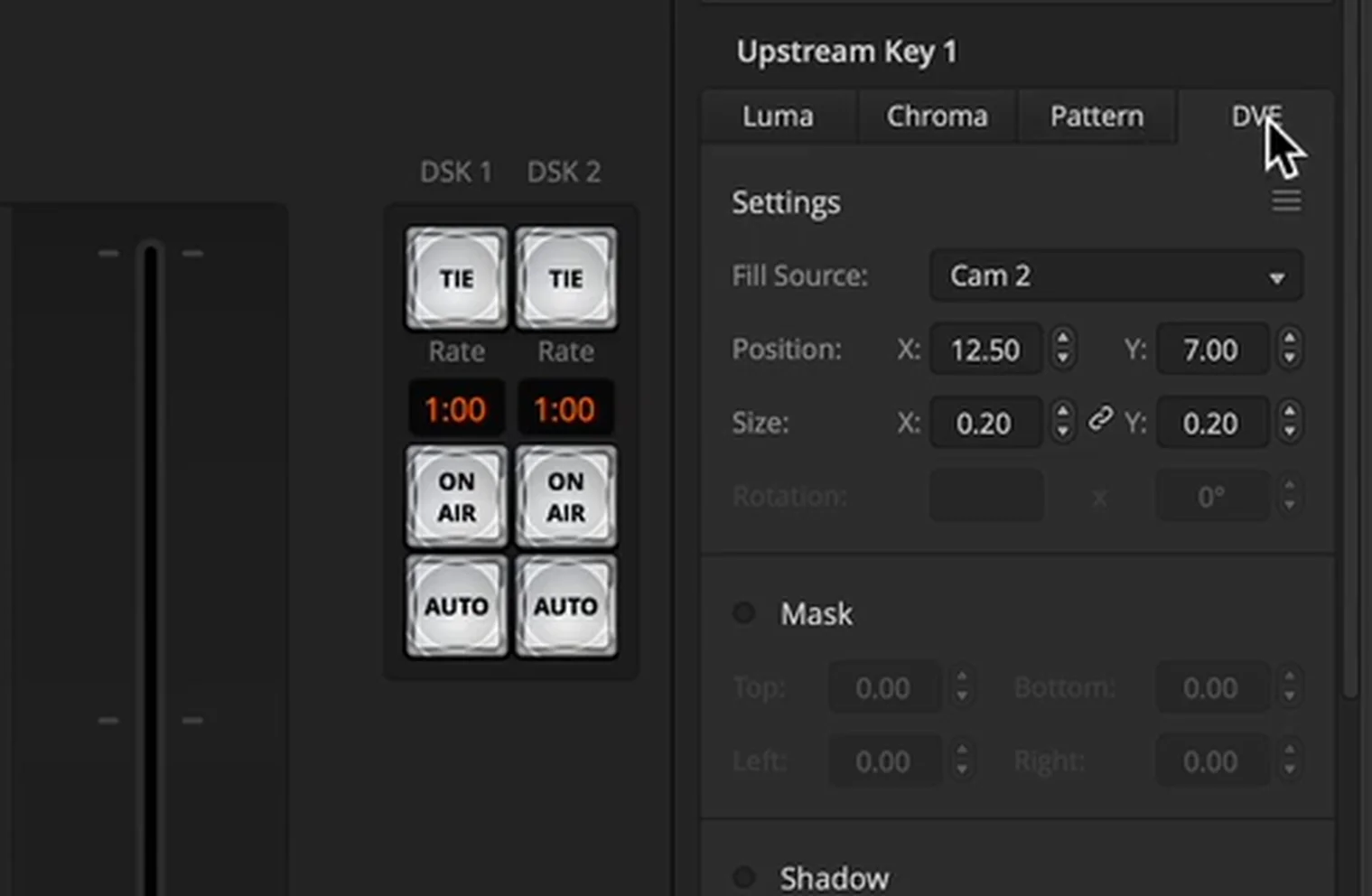 ATEM Software Control Upstream Key 1 palette with the DVE tab selected, showing Fill Source, Position and Size