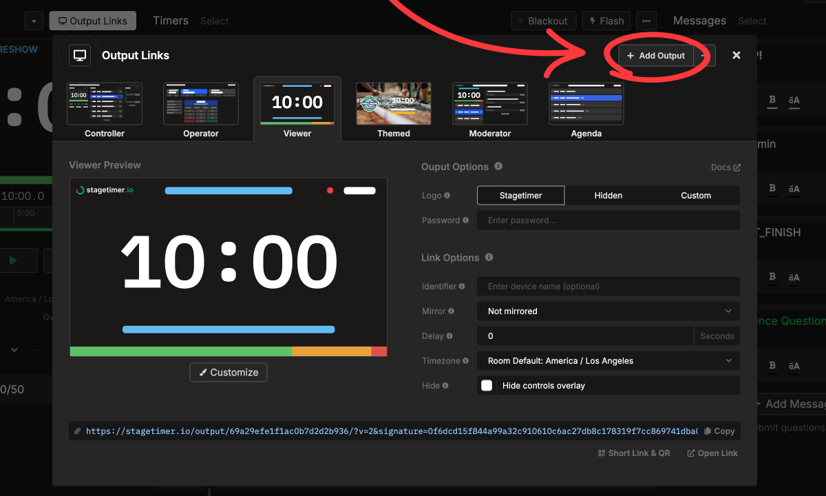 Output Links window with the "+ Add Output" button highlighted