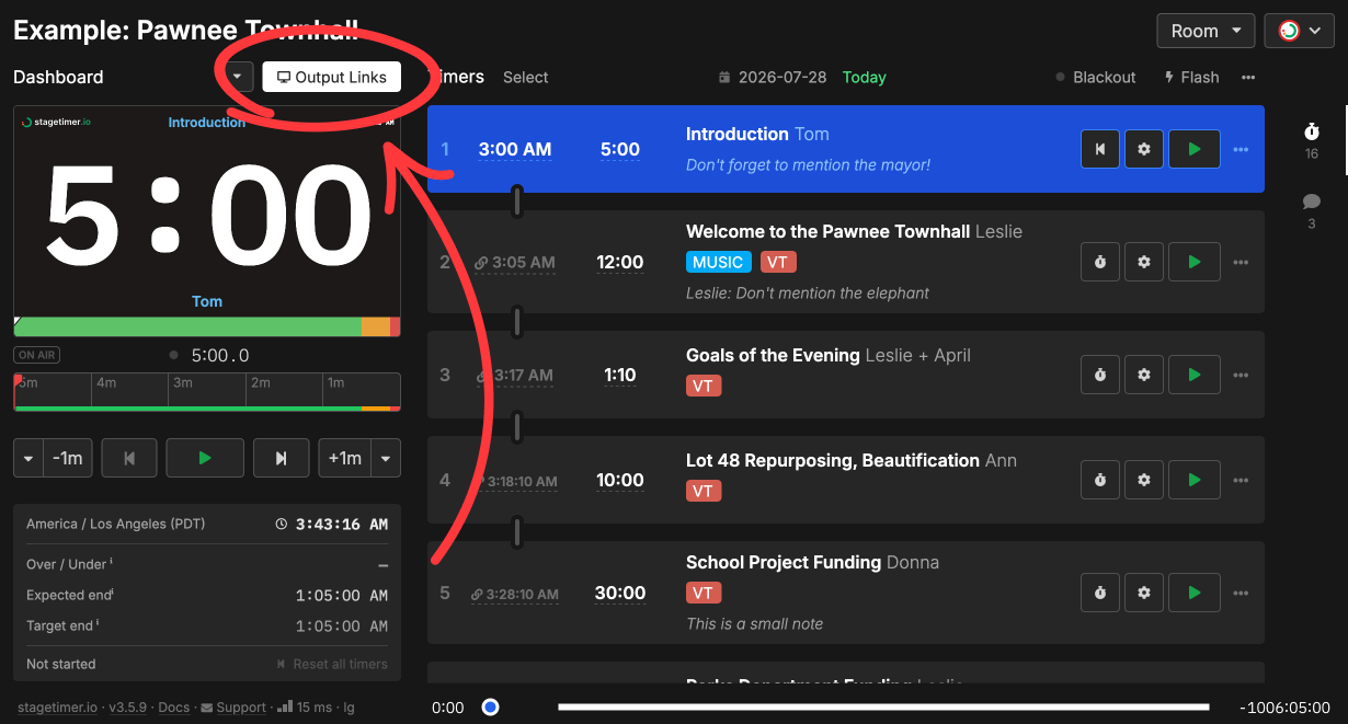 Output Links window showing the Viewer tab, preview, and link buttons