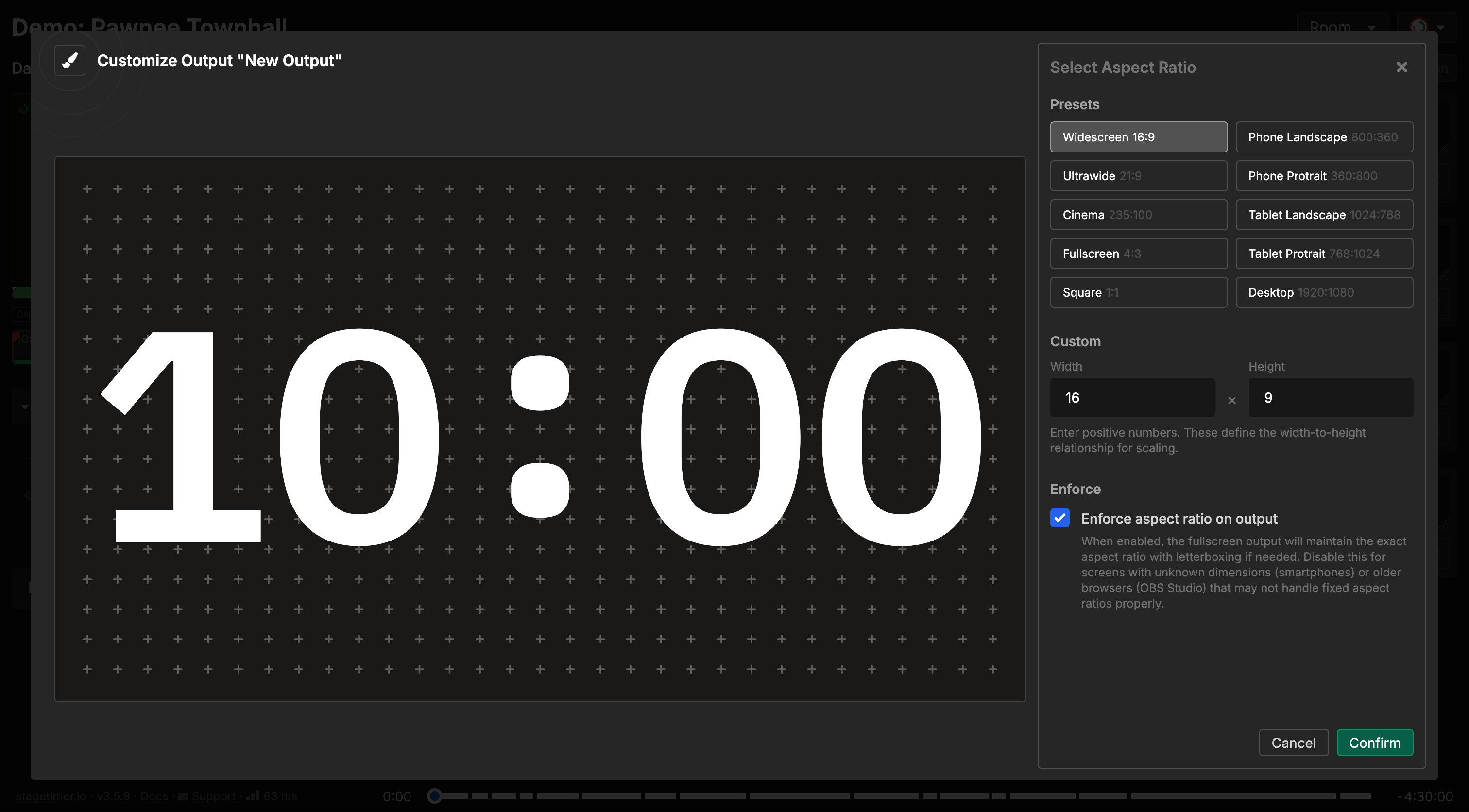 Select Aspect Ratio panel with presets like Ultrawide and Cinema, custom width and height fields, and the enforce checkbox